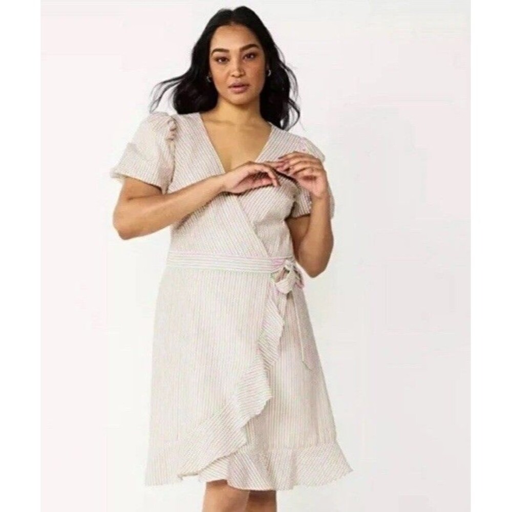 DRAPER JAMES RSVP Puff Sleeve Wrap Dress Ruffled Seersucker Striped XL